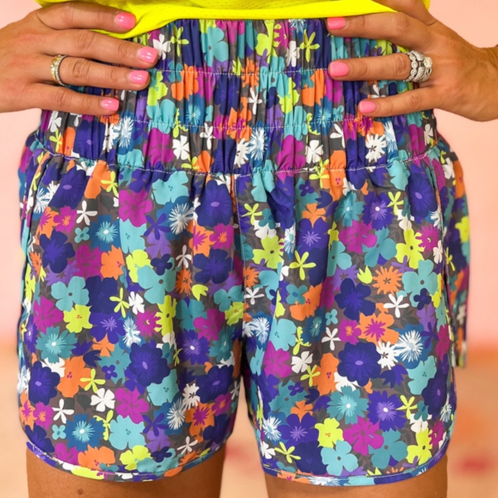 Neon Floral Smocked Waist Running Shorts SSYS The Label